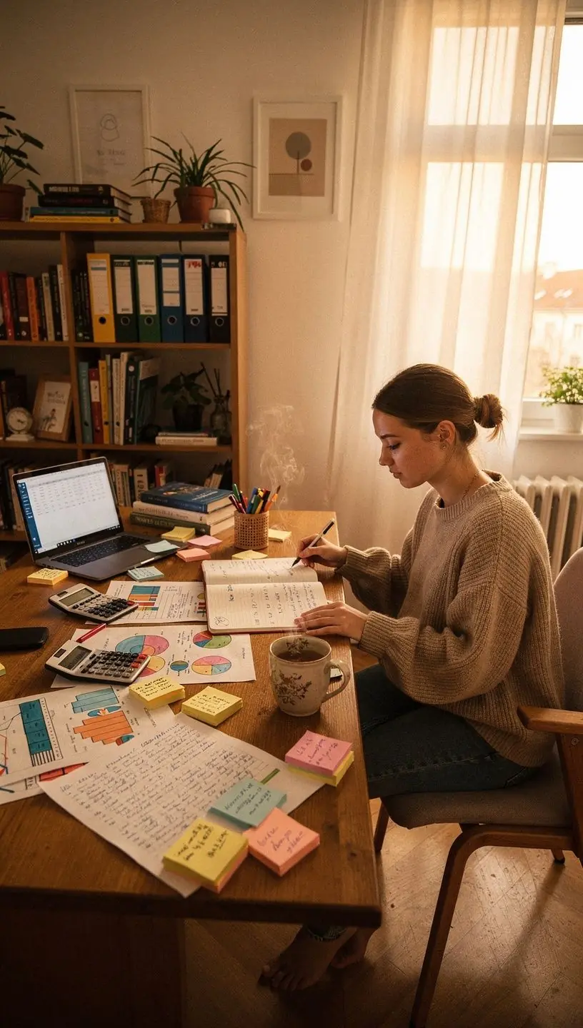 Személyes pénzügyi alapok: egy pénzügyi tervező asztalán elhelyezett számológép és papírok.